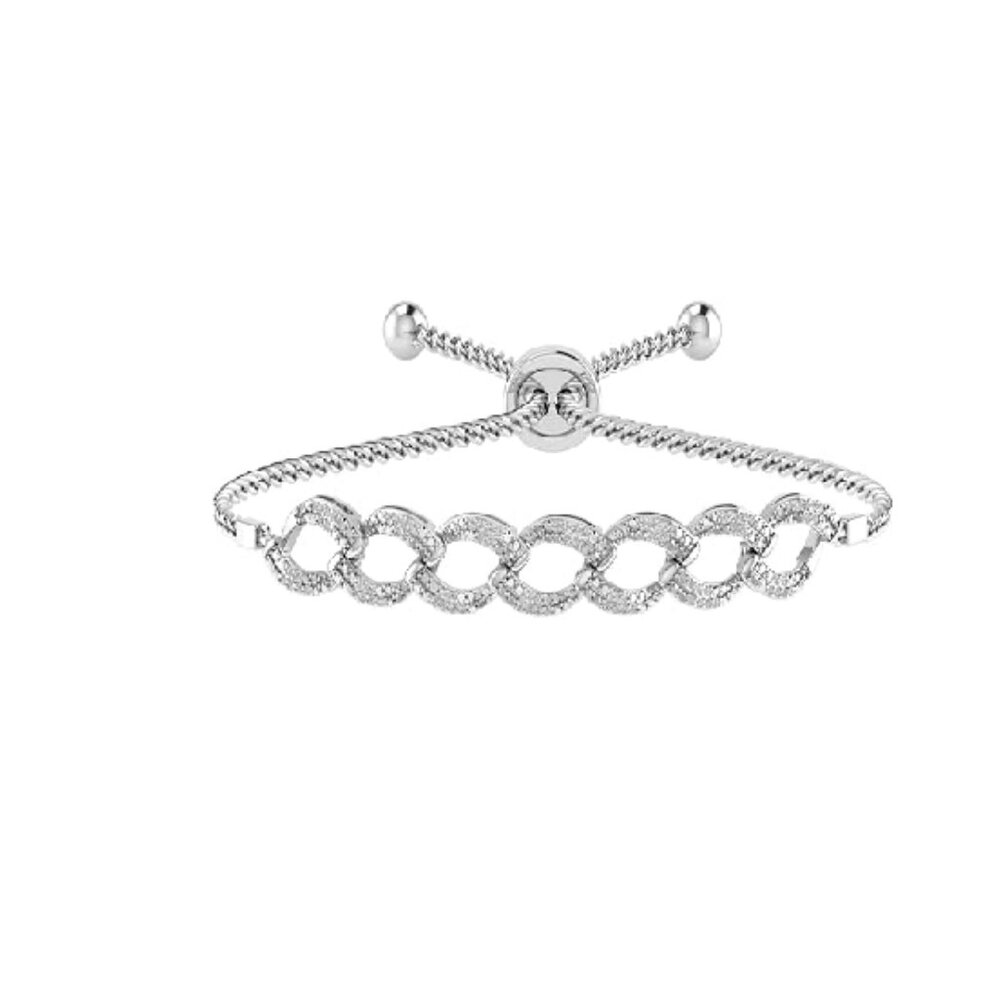 NIB. Adjustable Bolo Round Link Diamond Tennis Bracelet .925 Sterling Silver